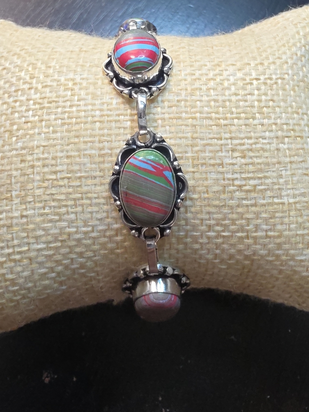 Silver-Tone Multicolor Striped Stone Bracelet